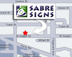 Sabre Signs are located on St Asaph Street heading West. Please note St Asaph Street is a one way system heading west. We have amply parking - and if you have passed the Barbadoes intersection - you've gone too far!